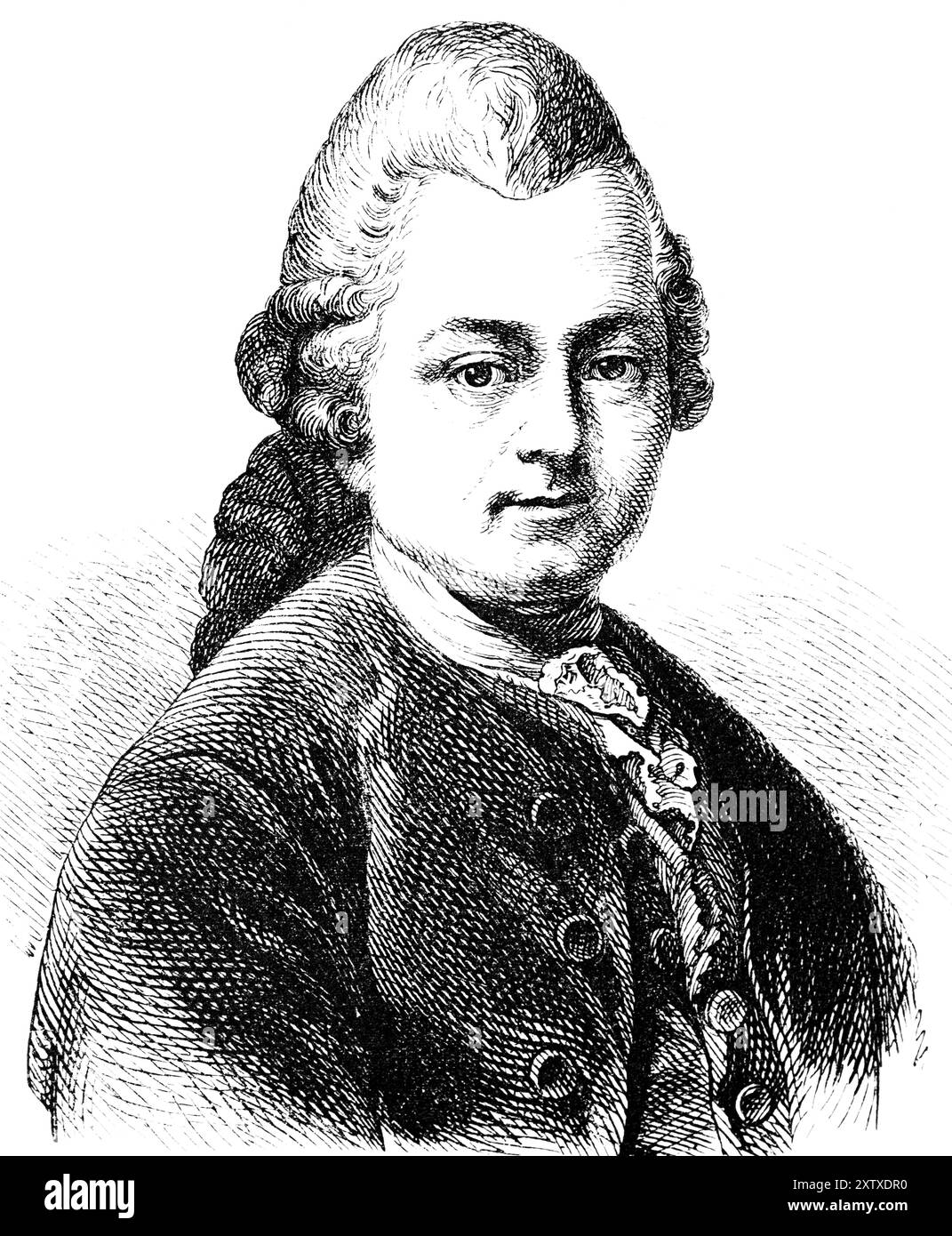 Portrait Gotthold Ephraim Lessing, poète important des lumières, XVIIIe siècle, écrivain, dramaturge, perruque, visage, tête, regardant le spectateur, jacke Banque D'Images