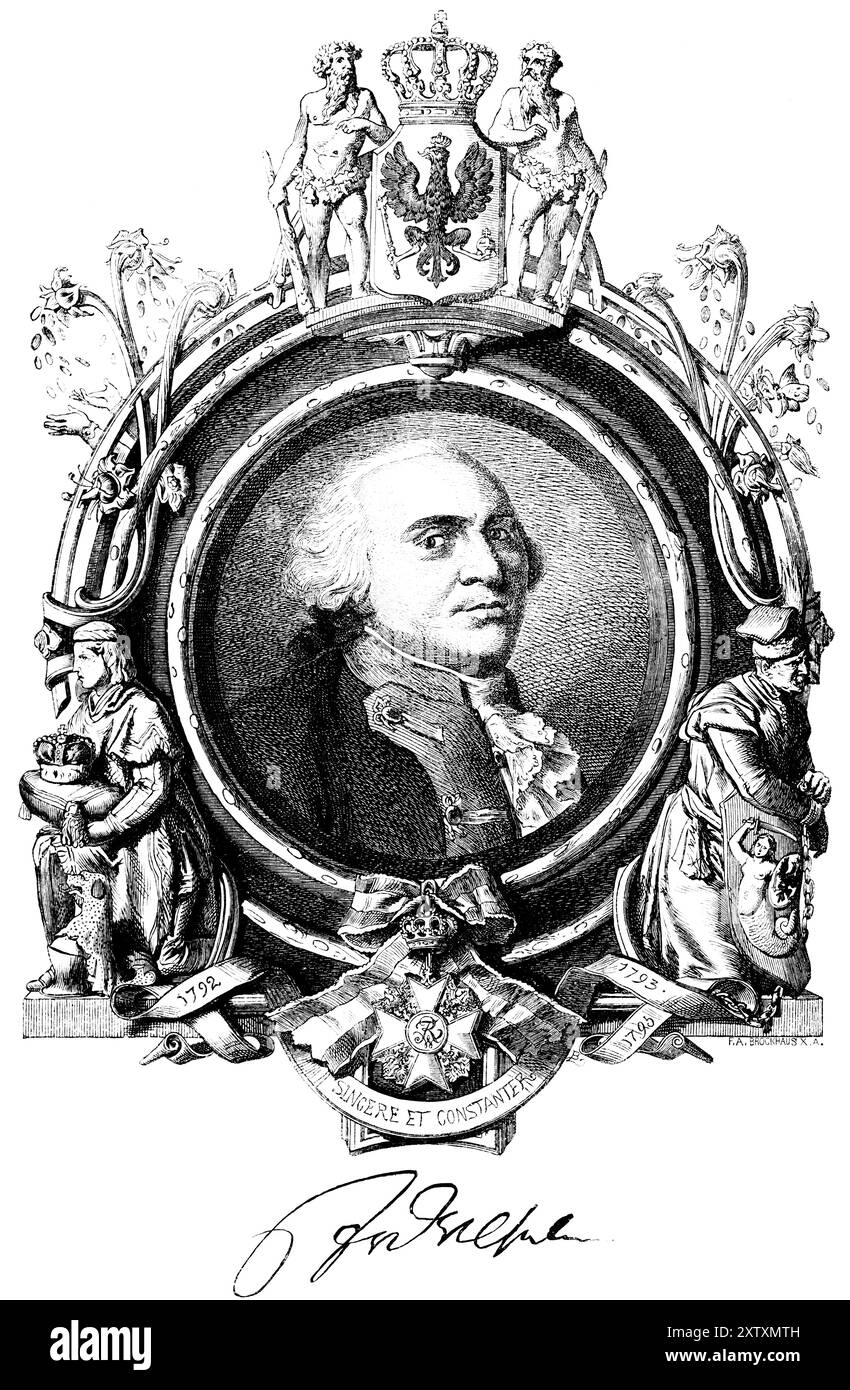 Portrait du roi Frédéric-Guillaume II de Prusse (1744-1797), inscription latine, sincère et constanter, sincère et inébranlable, cadre, royal in Banque D'Images
