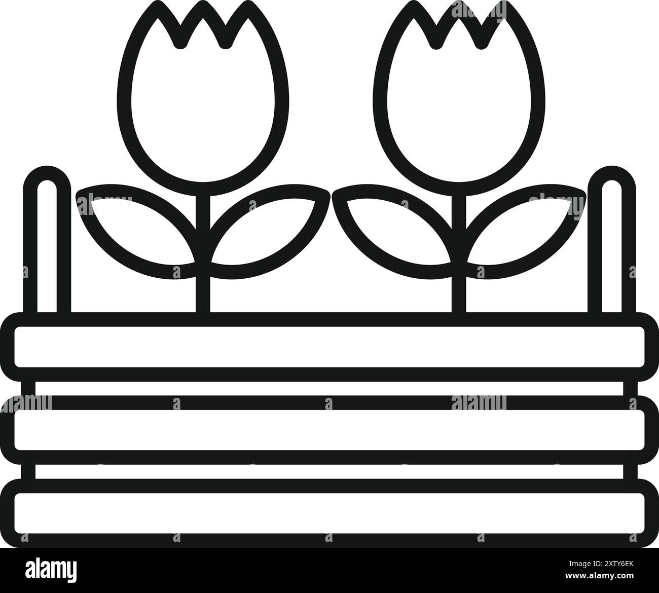 Icône de ligne simple d'une caisse en bois avec deux tulipes poussant à l'intérieur Illustration de Vecteur