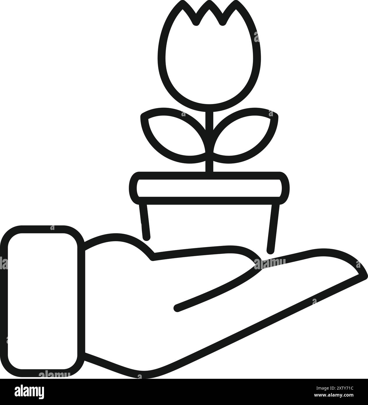 Jardinier tient une tulipe en fleurs dans un pot, représentant le soin des plantes et le jardinage Illustration de Vecteur