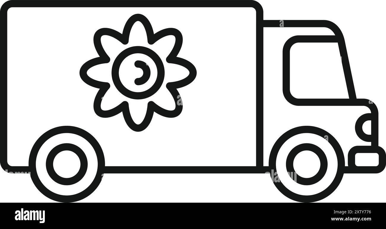 Icône de ligne simple d'un camion de livraison portant un symbole de puissance de fleur, représentant la paix, l'amour et le changement positif Illustration de Vecteur