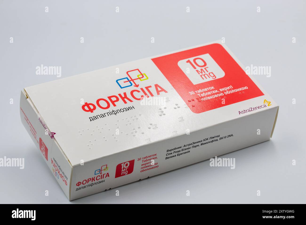 Kiev, Ukraine - 28 juin 2024 : studio Shoot de Forxiga dapagliflozinum comprimés boîte, médicament pour le diabète sucré (DM) ou l'hyperglycémie par AstraZe Banque D'Images