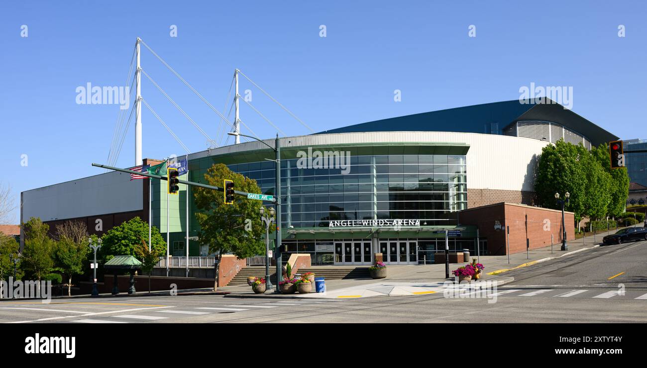 Everett, WA, États-Unis - 28 juillet 2024 ; Angel of the Winds Arena et site sportif à Everett entrée et panneau Banque D'Images