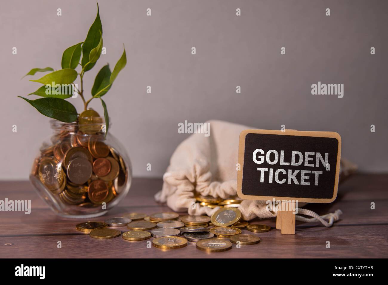 Légende du texte présentant le Golden Ticket.Vitrine d'affaires accès aux bons de réduction différée Passeport VIP Box Siège de bureau événement flashy fournitures de bureau d'école, enseignement Banque D'Images