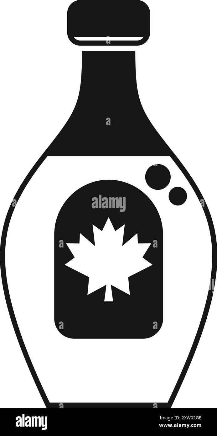 Illustration en noir et blanc d'une bouteille contenant du sirop d'érable, avec une feuille d'érable sur son étiquette Illustration de Vecteur