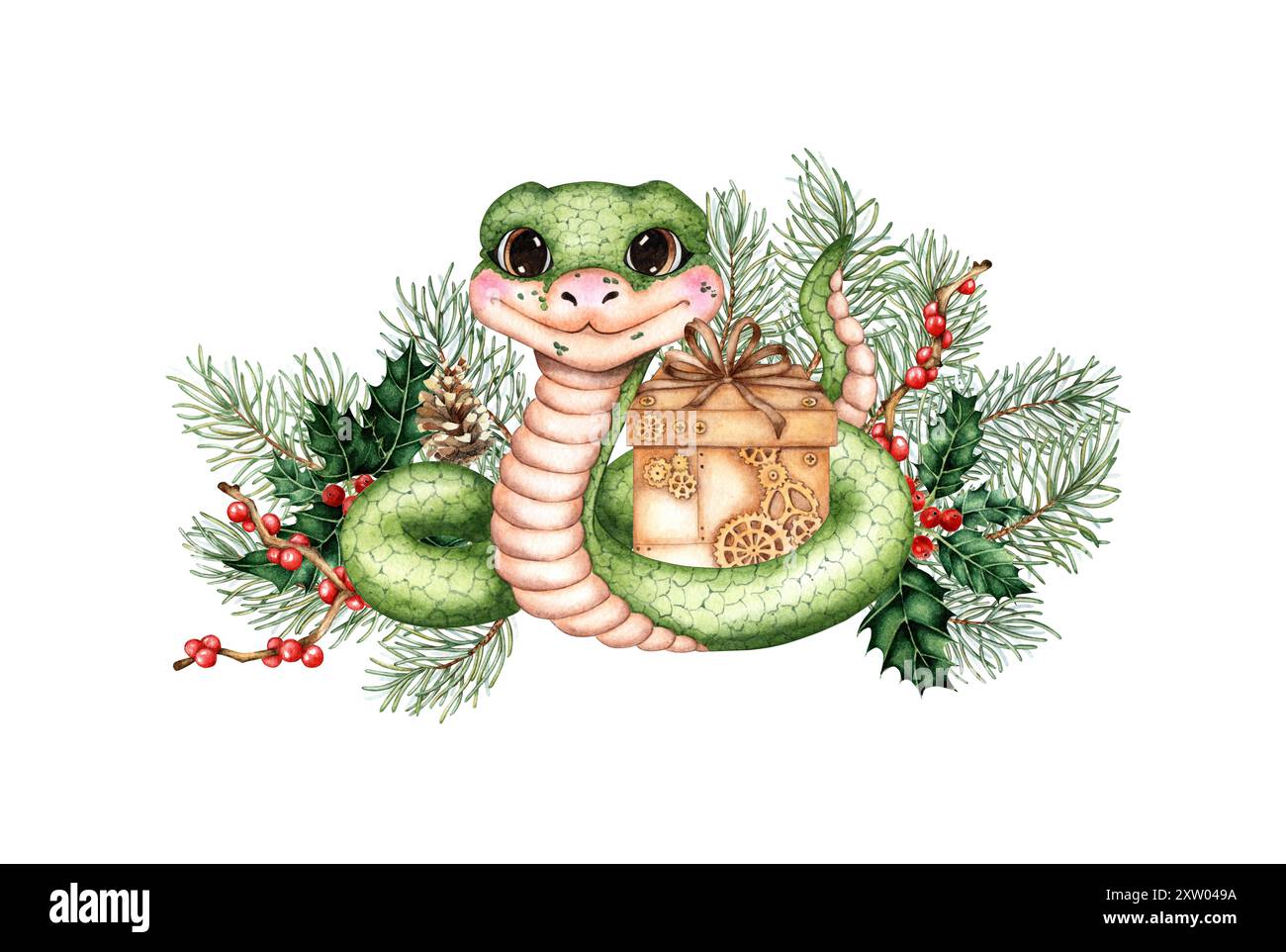 Serpent vert - avec branches de sapin, baies rouges, houx, pommes de pin et un cadeau. Symbole de 2025, horoscope chinois isolé du fond. Pour la conception Banque D'Images