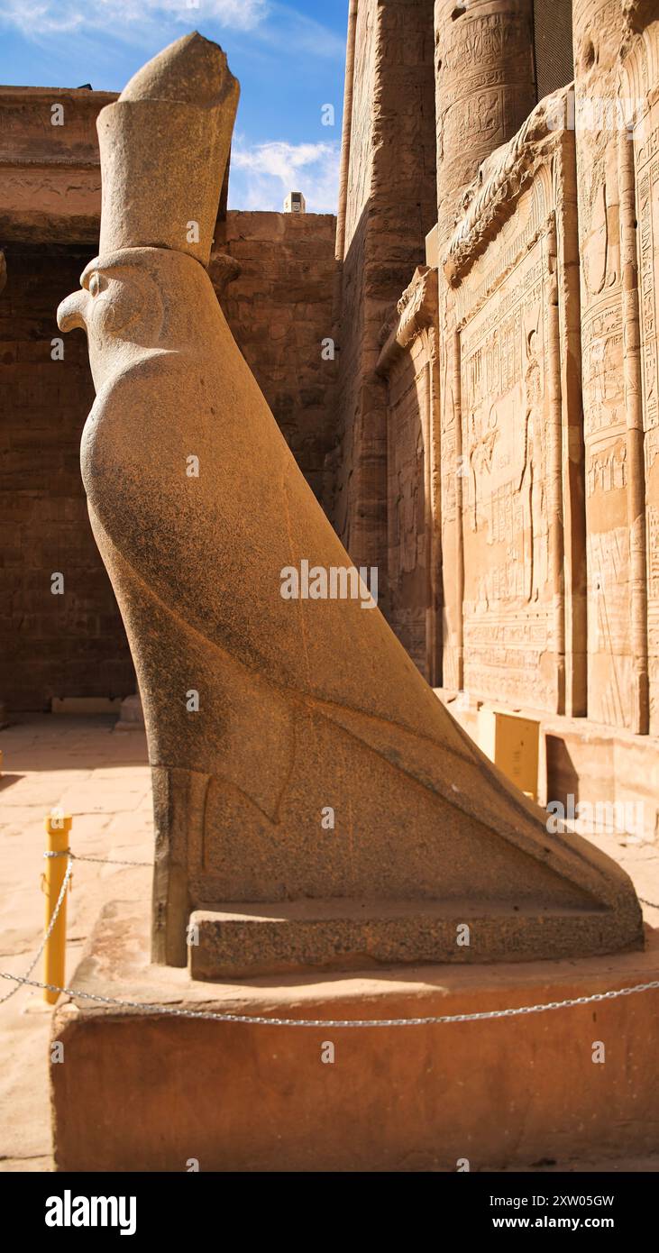 Gros plan de la statue en granit d'Horus, le Dieu Faucon, fils d'Isis et Osiris et divinité présidant dans le Temple d'Horus à Edfou construit pendant l'ère ptolémaïque entre 237 et 57 av. J.-C. près d'Assouan, en Égypte Banque D'Images