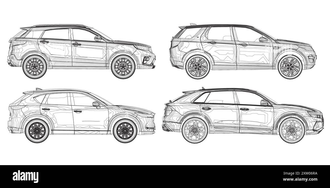 Ensemble de contours différents modèles de voitures. Illustration de style plat vectoriel. Illustration vectorielle de voiture de vue latérale Illustration de Vecteur