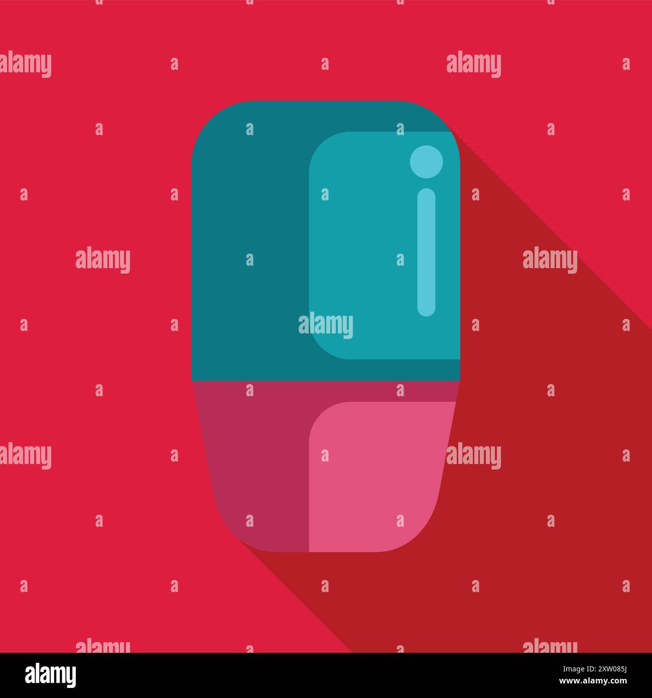 Icône de gomme dans un style plat projetant une longue ombre sur fond rouge, parfait pour les projets de conception liés à l'édition, la correction d'erreurs, ou des fournitures scolaires Illustration de Vecteur