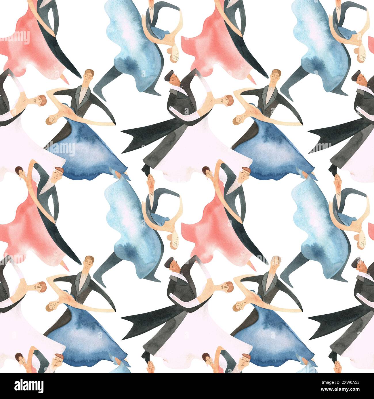 Danse de bal standard. Couples adultes sur le parquet. Illustration aquarelle isolée. Motif sans couture. Fond blanc Banque D'Images