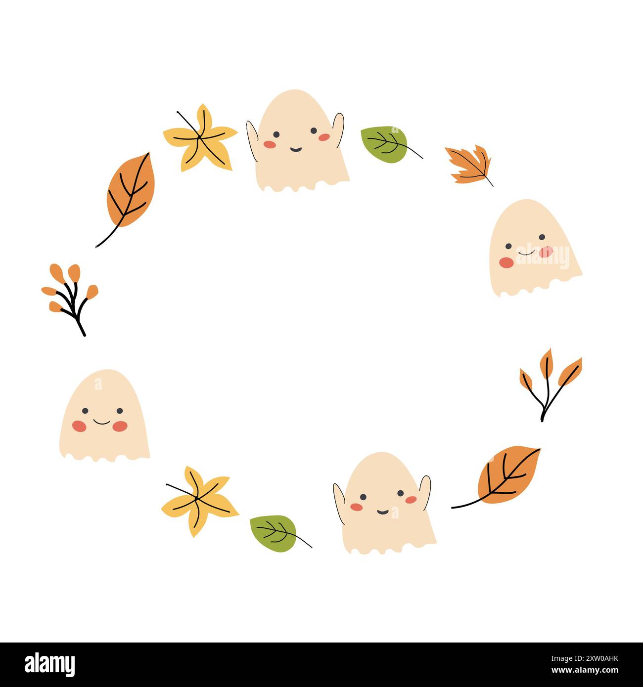Halloween cadre mignon ou frontière avec des personnages drôles, fantômes et feuilles d'automne conception enfantine. Illustration de Vecteur
