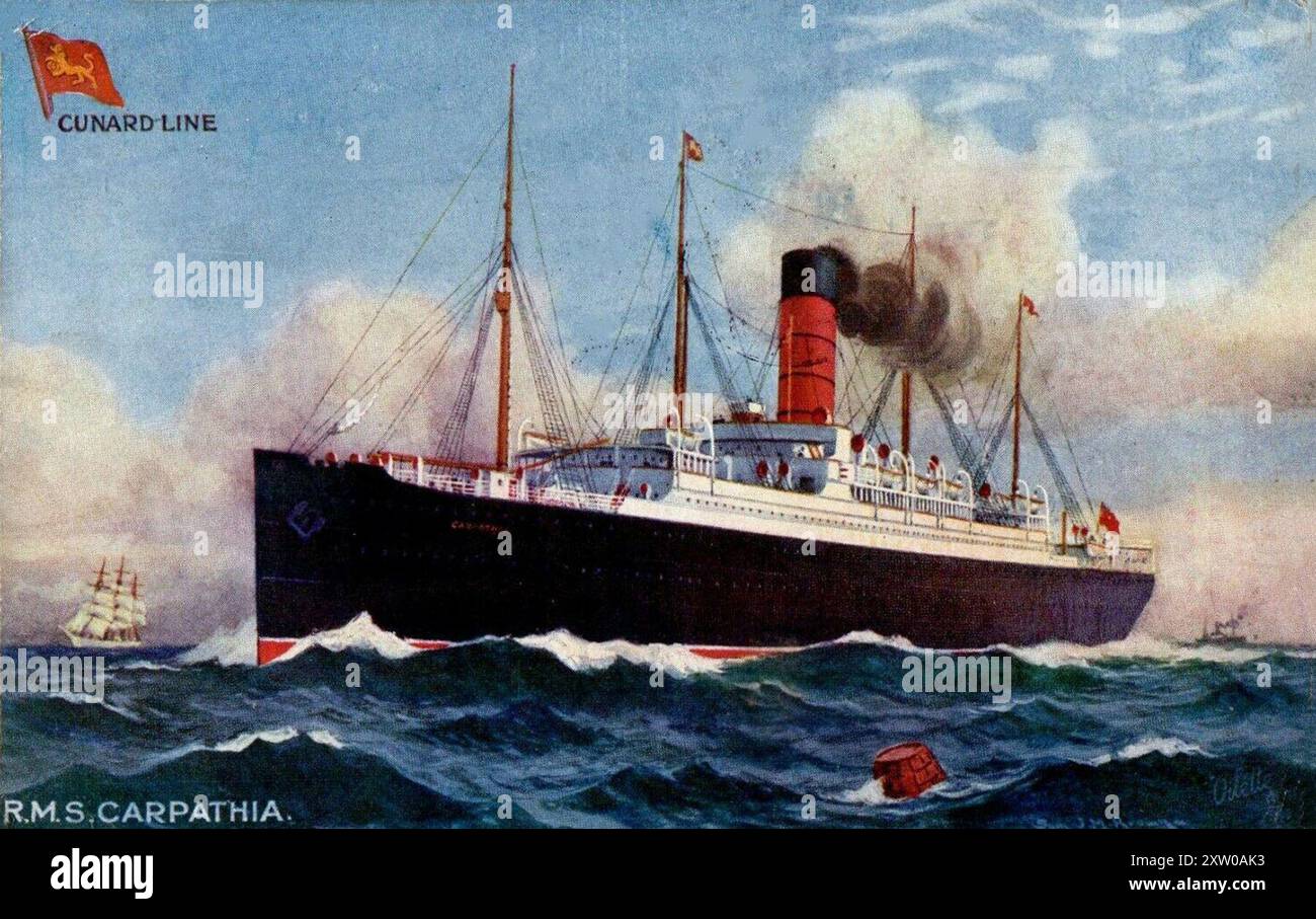Carte postale de couleur vintage montrant le bateau à vapeur RMS Carpathia Cunard Line en mer, publiée en 1910 Banque D'Images