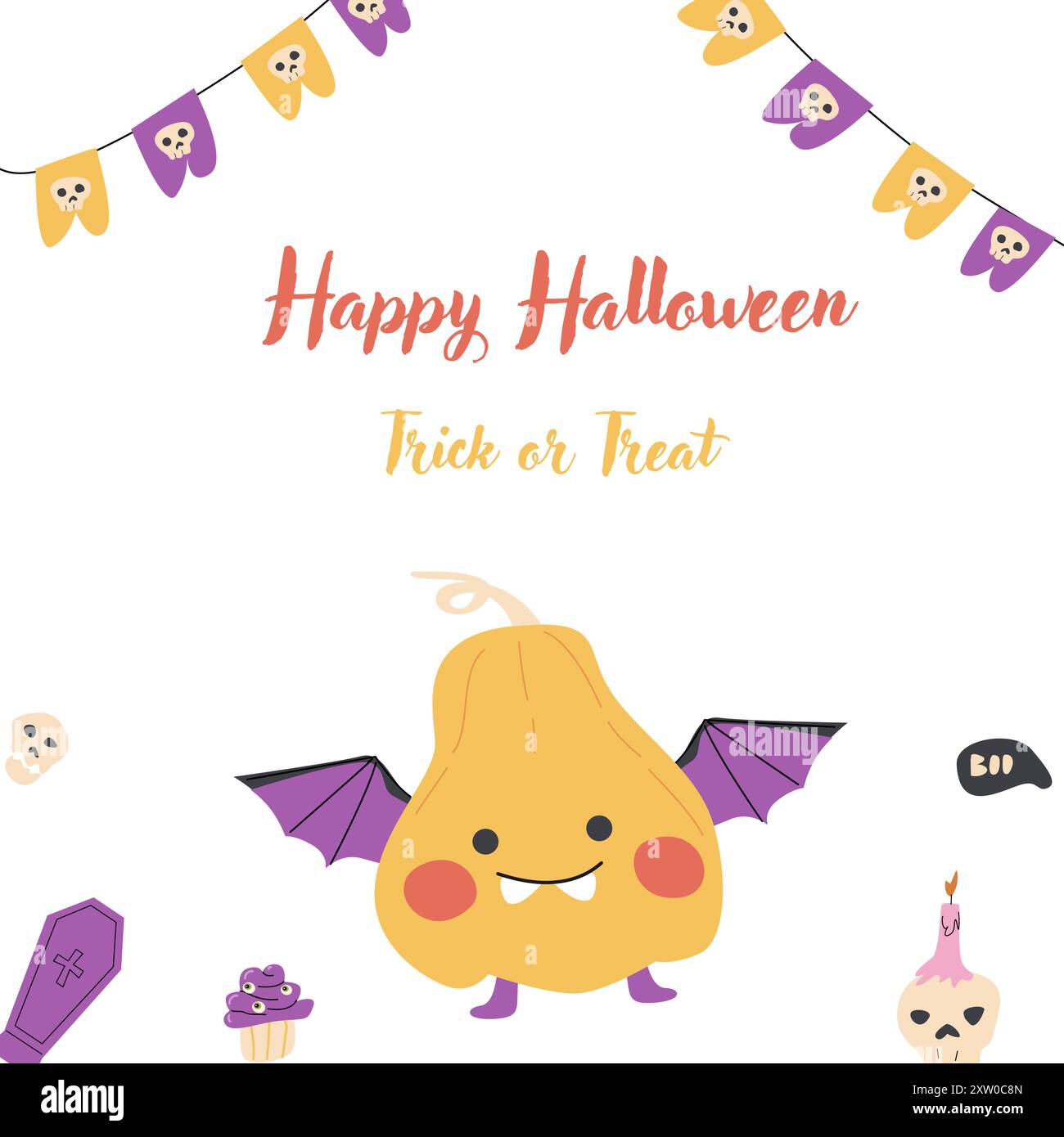 Modèle de carte mignon pour enfants Halloween Party. Personnages de dessins animés citrouilles en costume de vacances d'halloween et bonbons effrayants. Monstres mignons pour l'automne automne Illustration de Vecteur