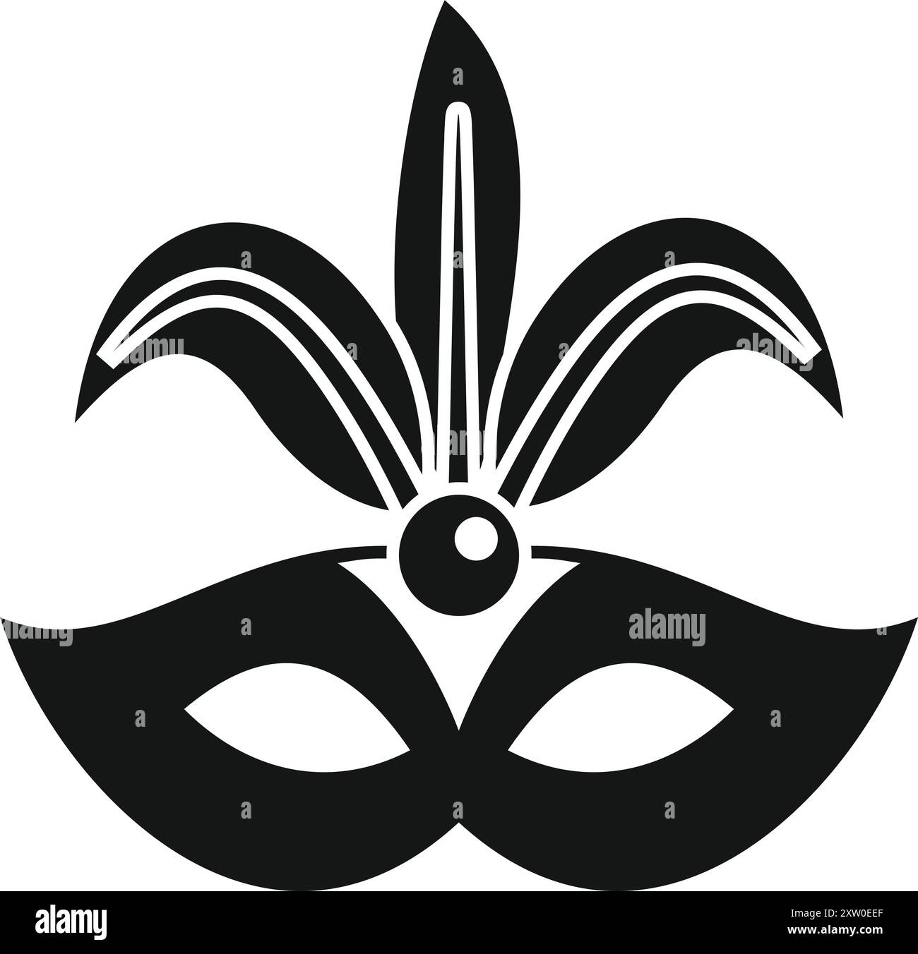 Masque mardi gras noir avec une grande pierre précieuse et trois plumes sur le dessus, pour le design de carnaval et de célébration Illustration de Vecteur