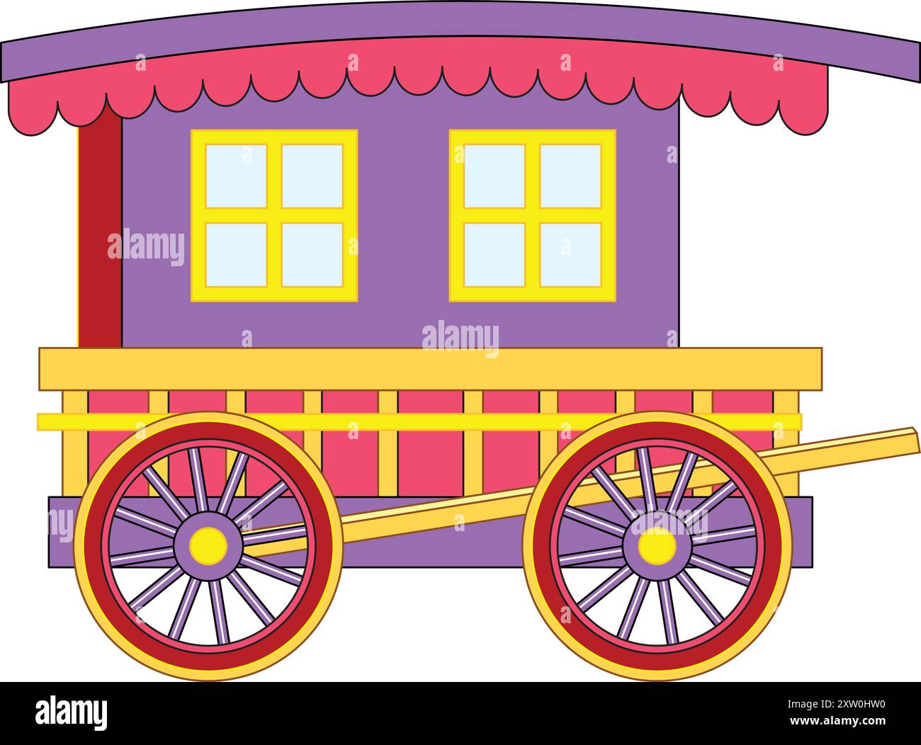 Chariot caravane gitane avec des roues en bois debout immobile dans une illustration de dessin animé coloré Illustration de Vecteur