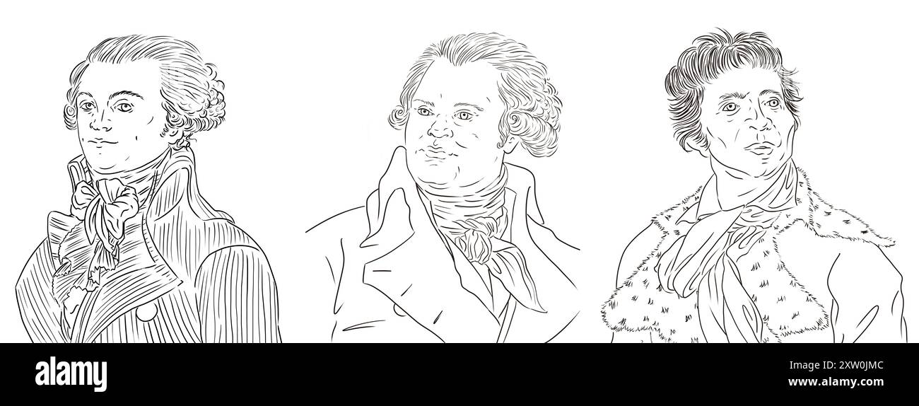 Portraits de Robespierre, Danton et Marat, hommes de la Révolution française Banque D'Images