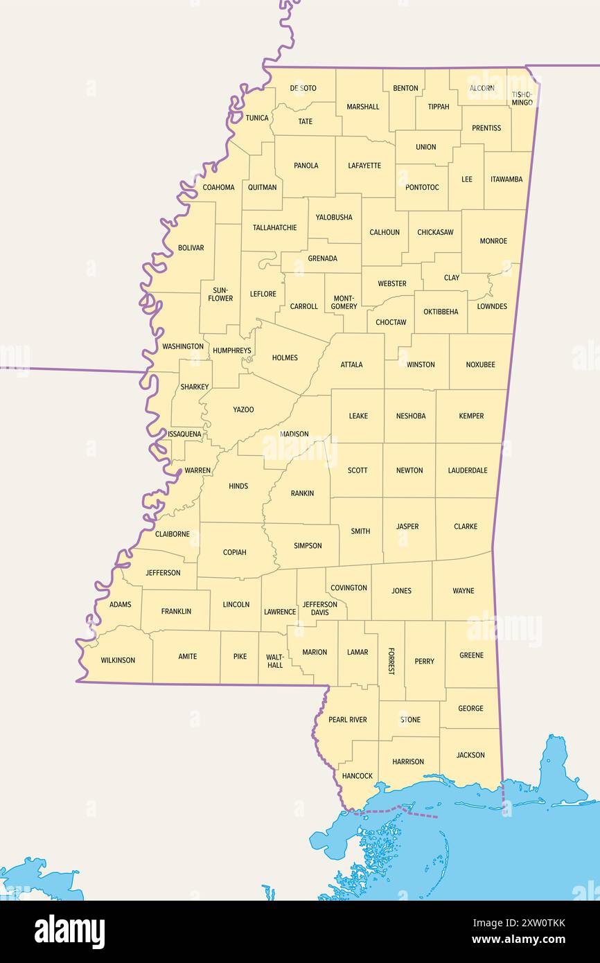 Mississippi, état américain, carte politique avec frontières et noms de comté. État dans la région sud-est des États-Unis, subdivisé en 82 comtés. Banque D'Images