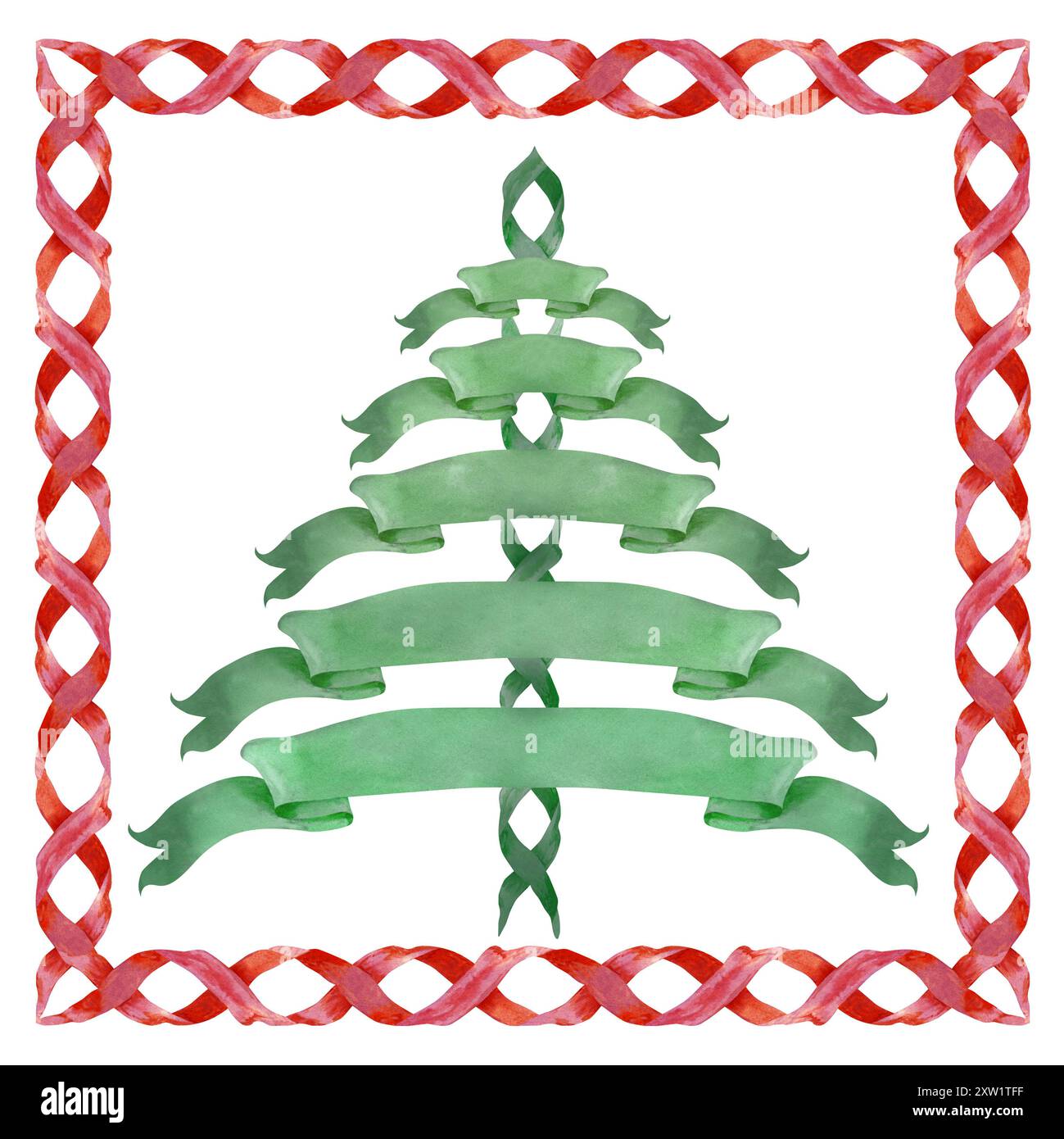Carte postale de Noël avec cadre rouge et épicéa vert de bannières de ruban pour le texte décoratif. Ensemble d'illustrations aquarelles isolées sur fond blanc Banque D'Images