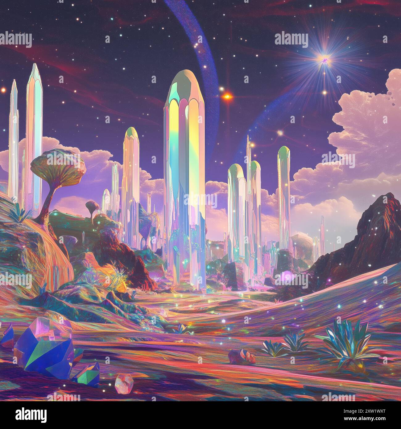 Paysage futuriste avec de superbes cristaux avec des éléments cosmiques Banque D'Images