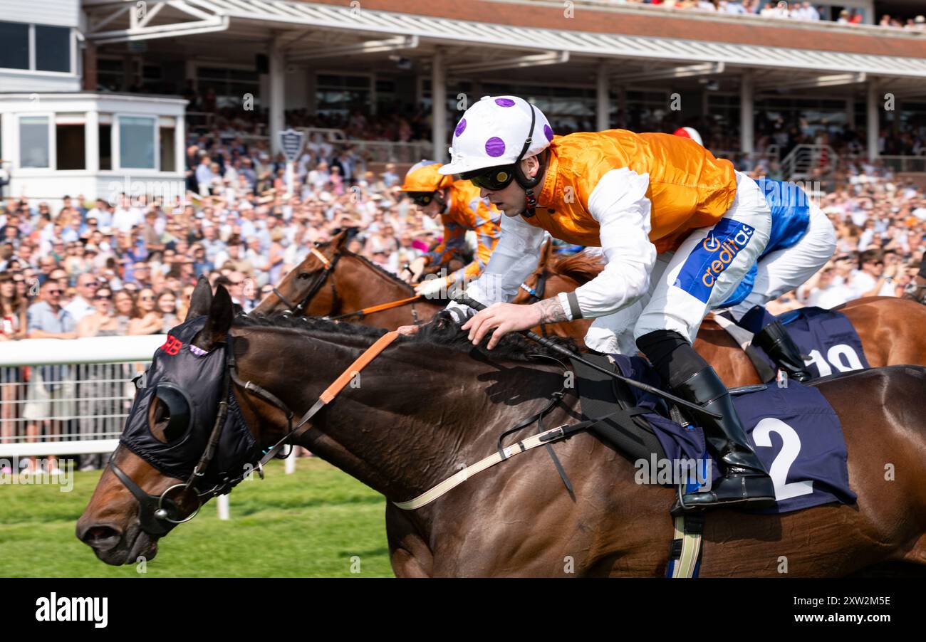 Newbury, Berkshire ; Lethal Levi et le jockey Clifford Lee remportent les TPT Fire handicap Stakes pour l’entraîneur Karl Burke et le propriétaire Made in Thailand. Crédit JTW Equine images / Alamy Live News. Banque D'Images