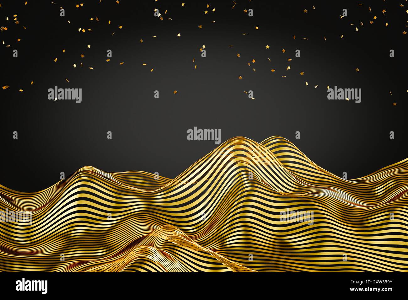 Noël ou thème festif : rubans d'or au premier plan dans un motif de vague avec des étoiles dorées tombant vers le bas. Célébration Banque D'Images