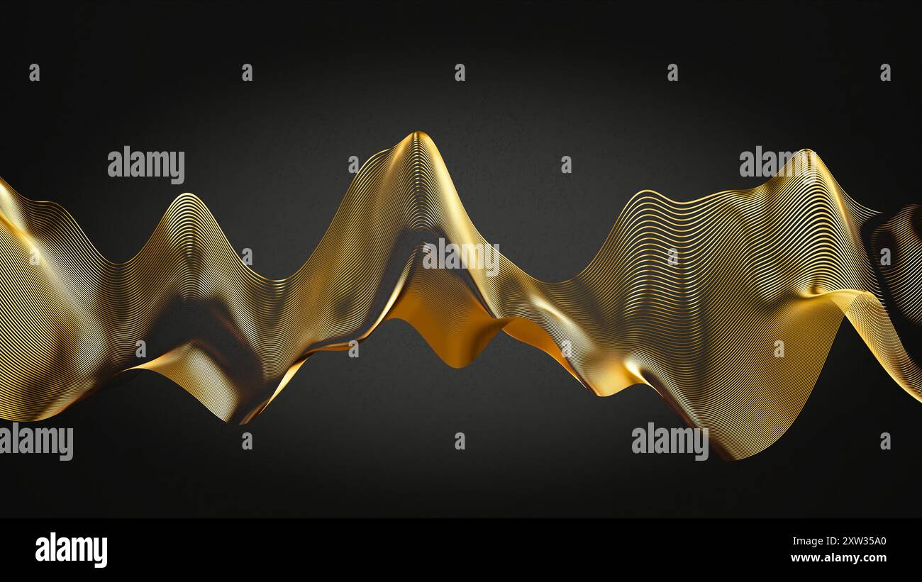 Noël ou thème festif : rubans dorés au premier plan dans un motif de vague avec un fond noir. Banque D'Images