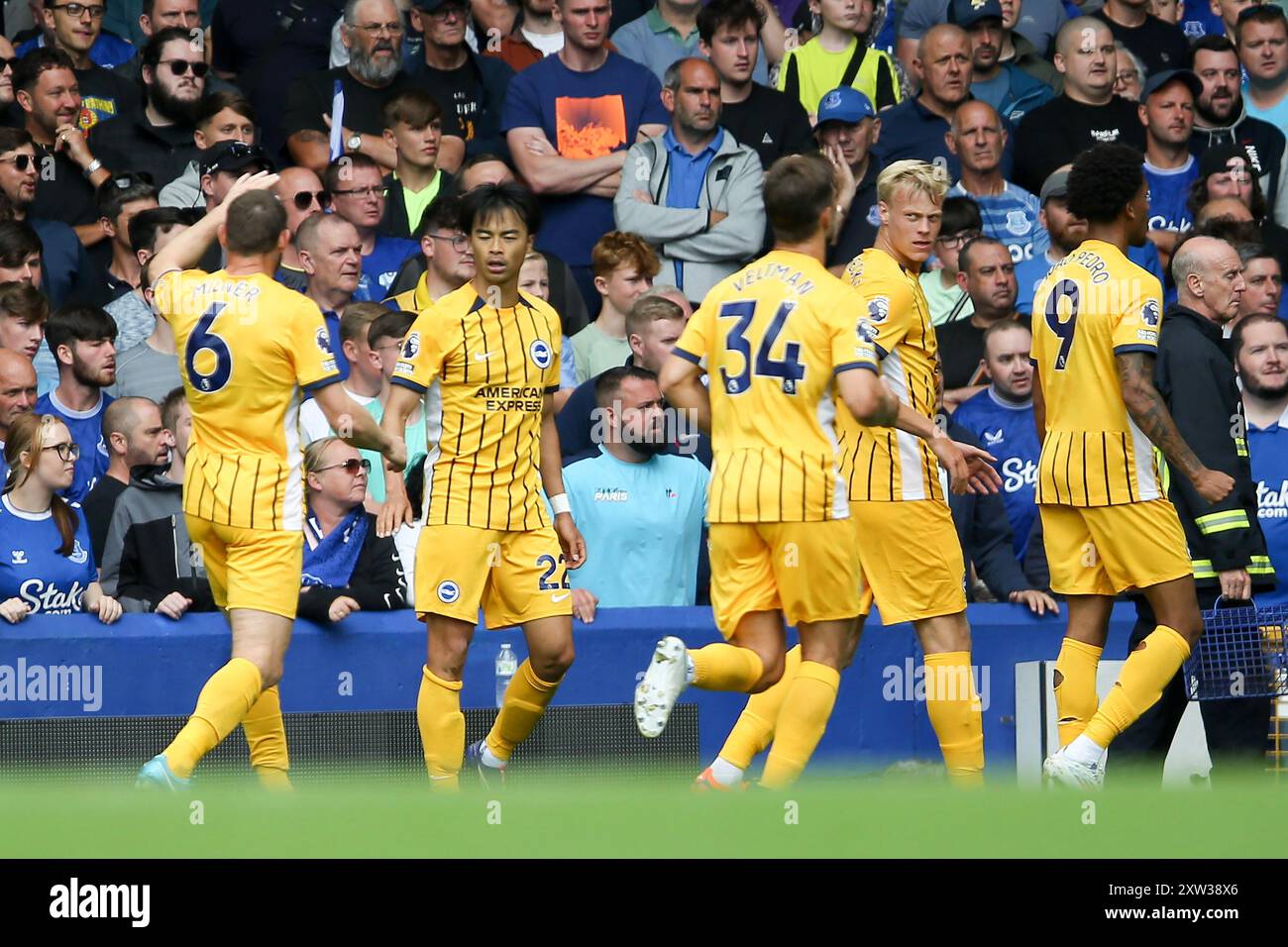 Liverpool, Royaume-Uni. 17 août 2024. Kaoru Mitoma de Brighton & Hove Albion (2ème à partir de la gauche) fête avec ses coéquipiers après avoir marqué le 1er but de ses équipes. Premier League match, Everton v Brighton & Hove Albion au Goodison Park à Liverpool le samedi 17 août 2024. Cette image ne peut être utilisée qu'à des fins éditoriales. Usage éditorial exclusif, photo de Chris Stading/Andrew Orchard photographie sportive/Alamy Live News crédit : Andrew Orchard photographie sportive/Alamy Live News Banque D'Images