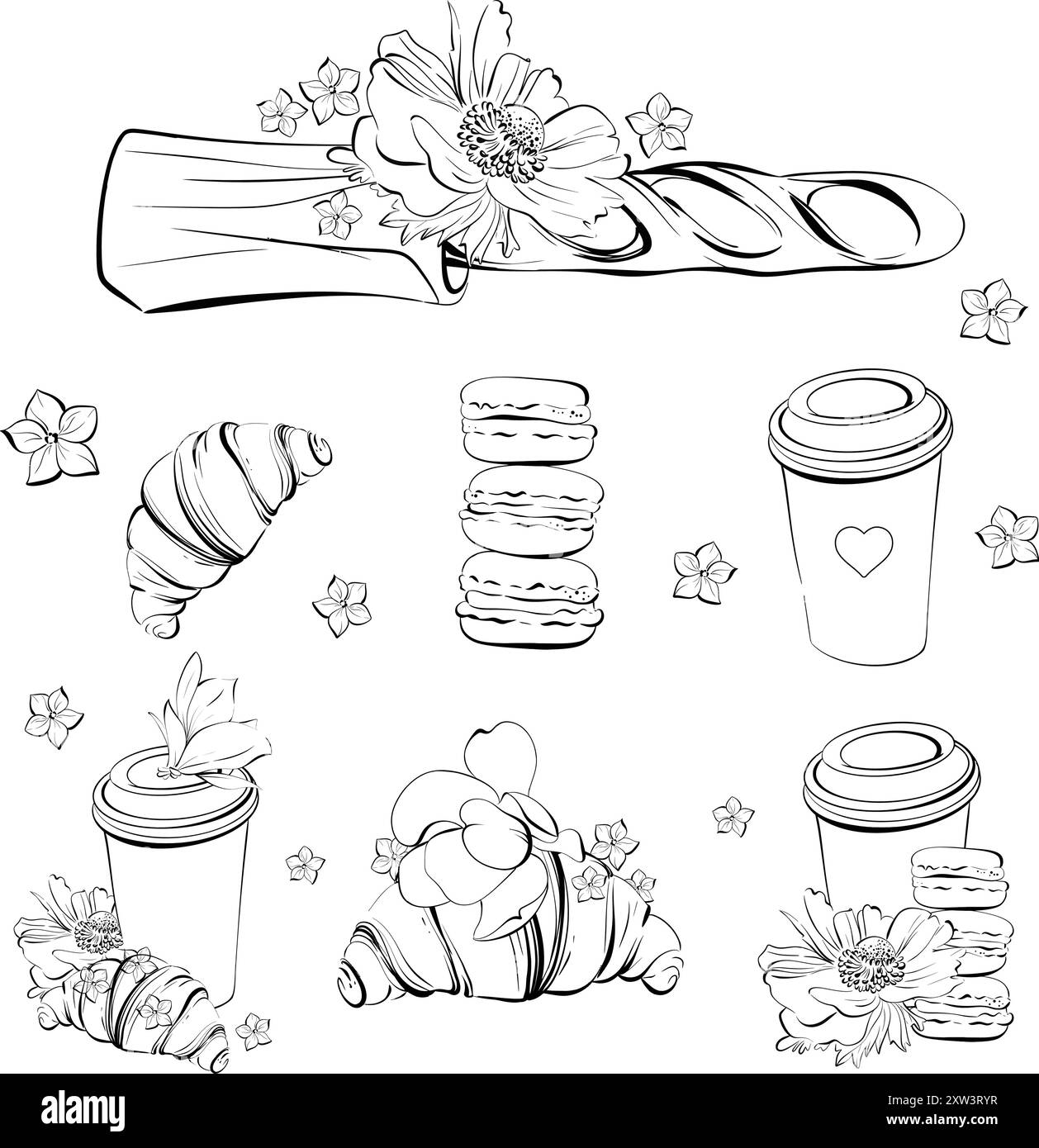 Vecteur croissant français traditionnel et baguette avec tasse de papier de café. Macarons et dessert pâtissier français. Paris café boulangerie, dessinée à la main Illustration de Vecteur