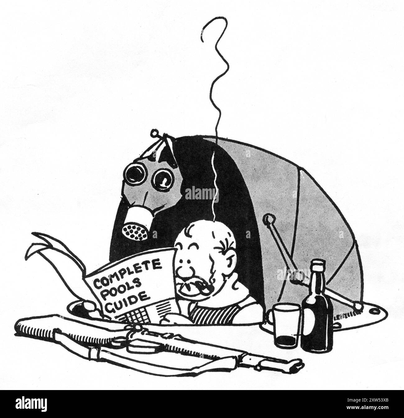 Années 1940 - un dessin animé amusant de la seconde Guerre mondiale représentant le personnage fictif populaire de soldat britannique, Old Bill, créé par le dessinateur Bruce Bairnsfather. Ce dessin animé montre Old Bill dans un dugout qui a un auvent de style poussette. Il fumait une pipe et lisait un livret intitulé « Complete Pools Guide ». Il a un masque à gaz, un fusil et une bouteille de bière. Banque D'Images