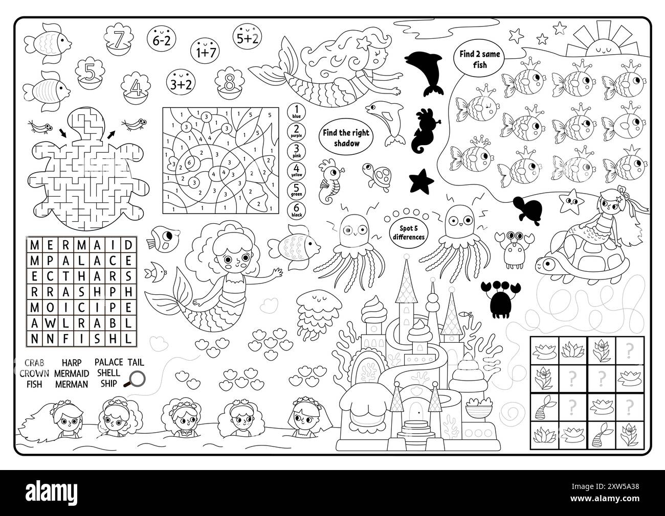 Napperon noir et blanc de sirène vectorielle. Tapis d'activité imprimable Ocean Kingdom avec labyrinthe, match d'ombre, trouver la différence. Tapis de jeu à colorier sous-marin, Illustration de Vecteur