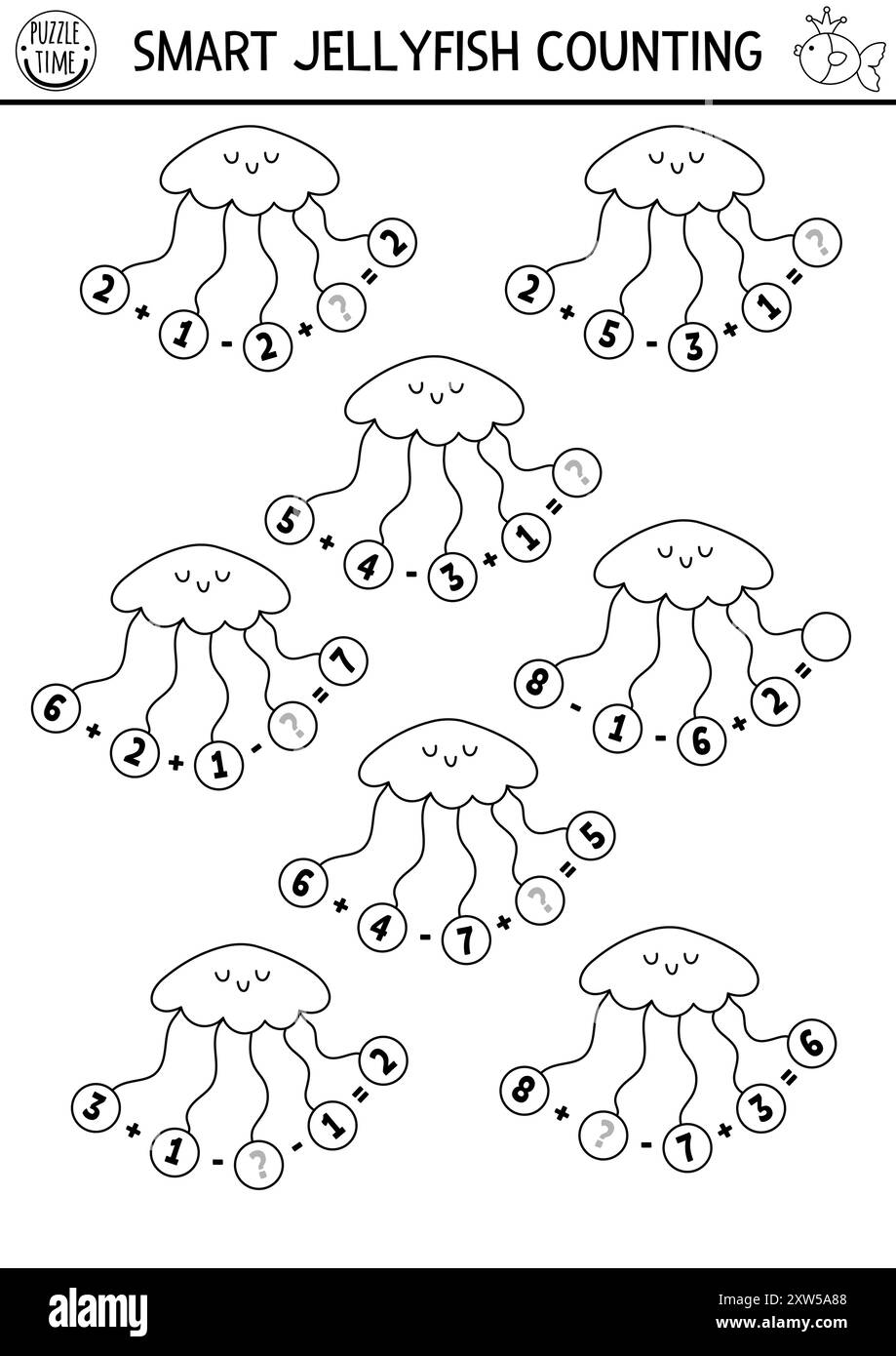 Simple match le jeu de sirène de numéros avec méduse. Noir et blanc conte de fées Ocean Kingdom activité mathématique ou coloriage. Ligne marine éducative Illustration de Vecteur