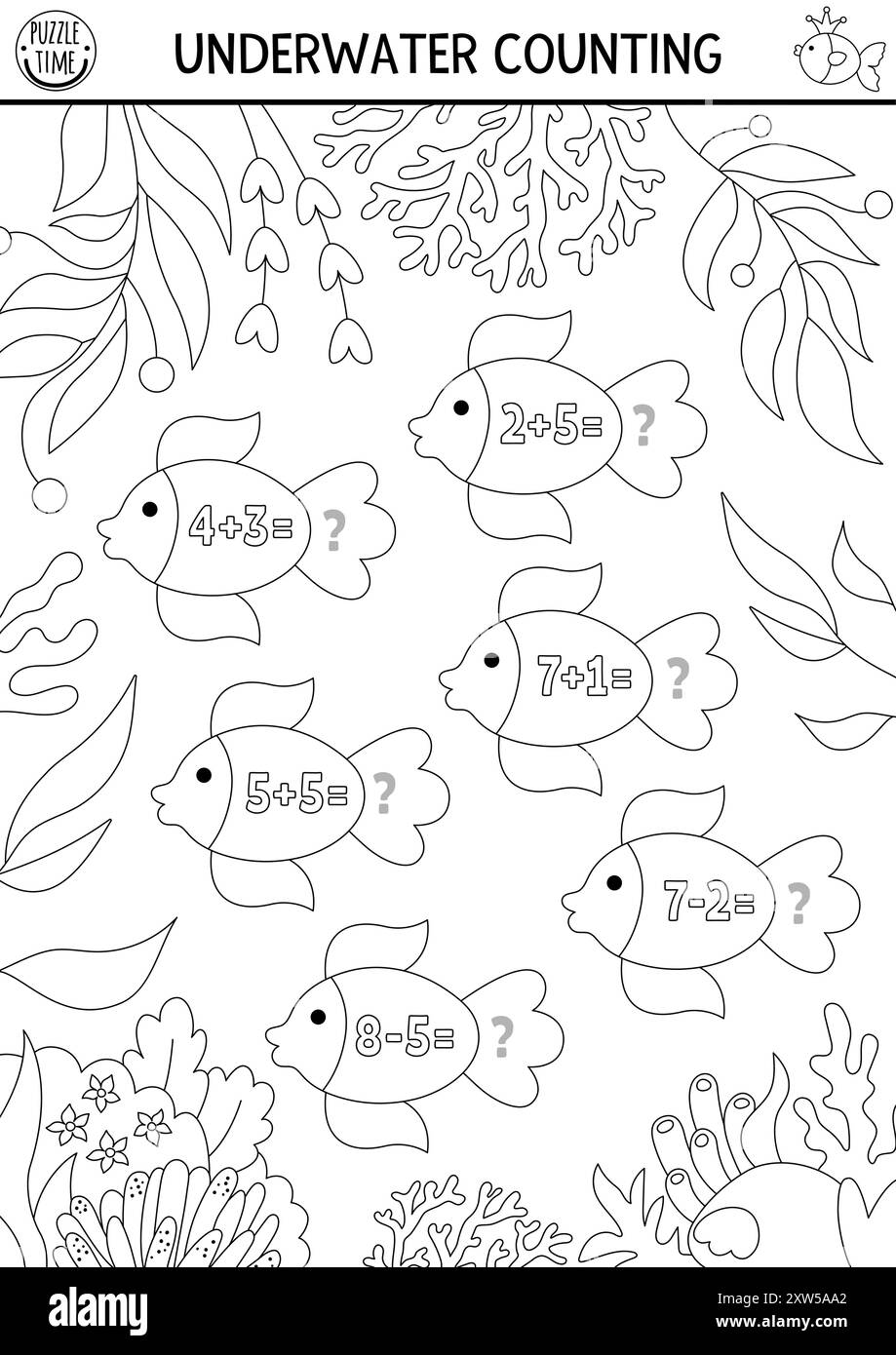Simple match le jeu de sirène de numéros avec du poisson. Noir et blanc conte de fées Ocean Kingdom activité mathématique ou coloriage. Nombre éducatif de lignes marines Illustration de Vecteur