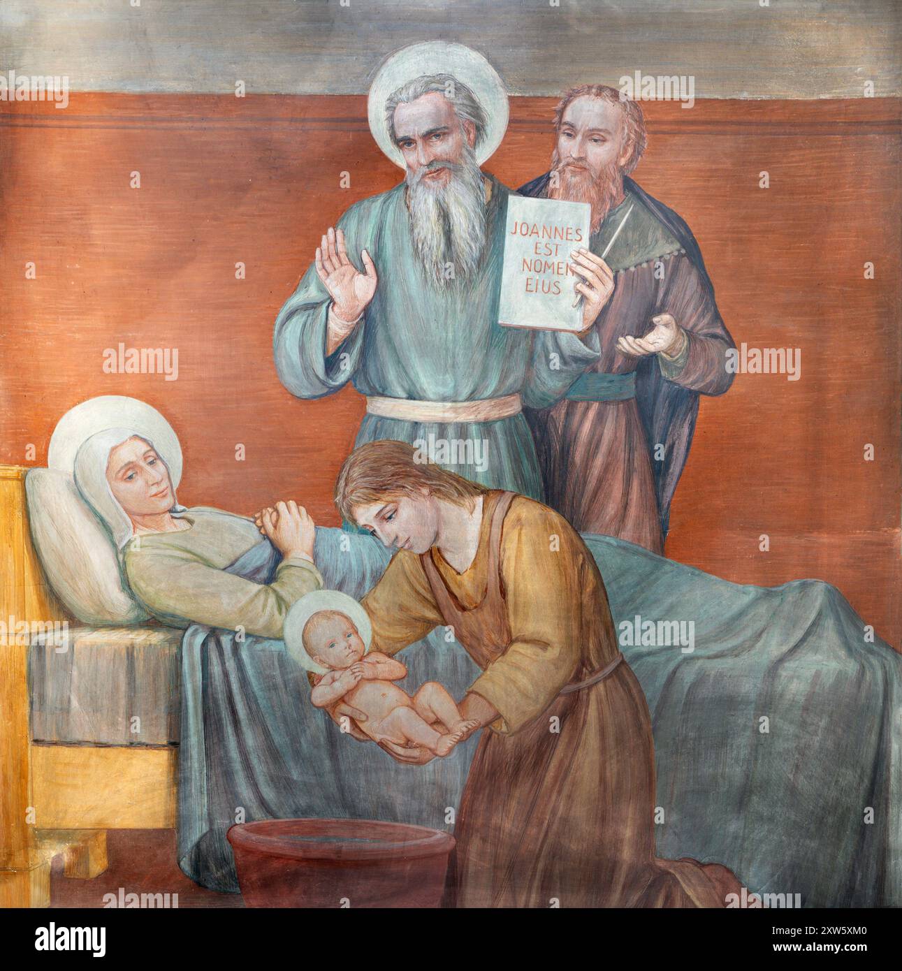 MILAN, ITALIE - 7 MARS 2024 : fresque de la Nativité de Jean-Baptiste dans l'église Chiesa di San Vito in Gianbellino par Antonio Martinotti (1957). Banque D'Images
