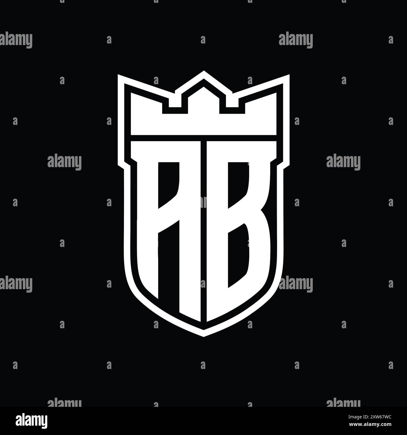 Logo lettre AB avec forme de bouclier avec couronne géométrique à l'intérieur du contour blanc sur fond noir modèle design Banque D'Images