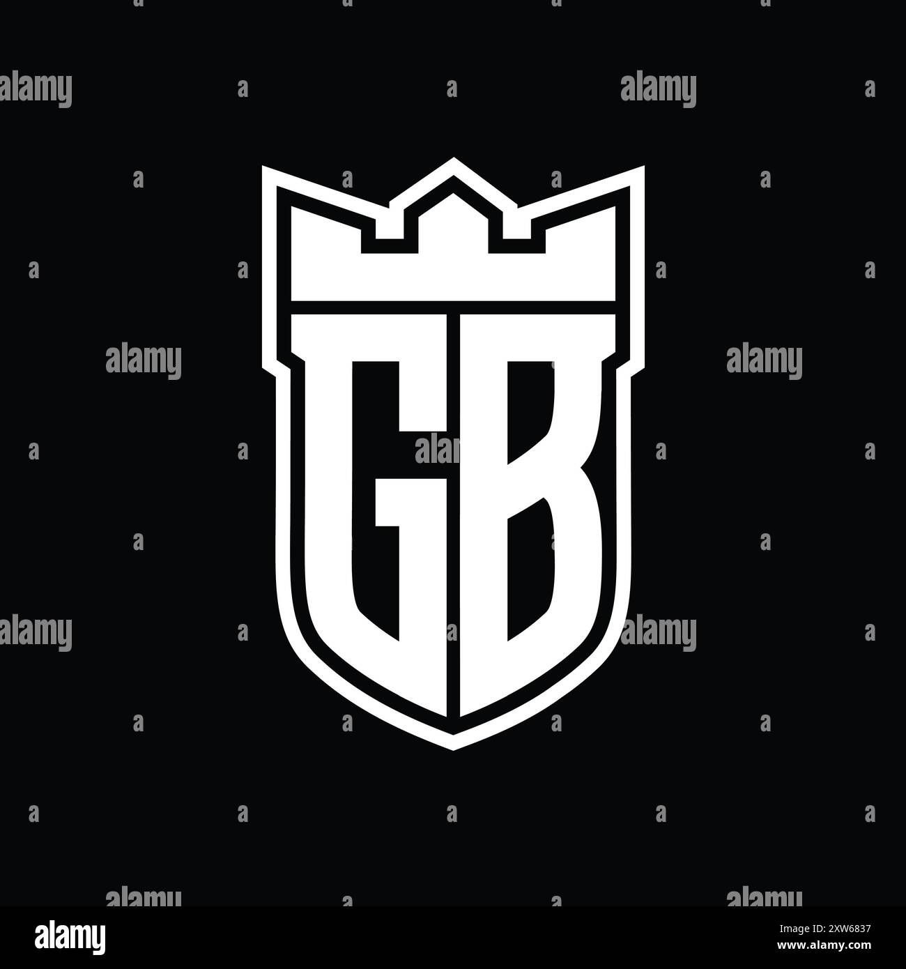 Logo GB lettre avec forme de bouclier avec couronne géométrique à l'intérieur du contour blanc sur fond noir modèle design Banque D'Images