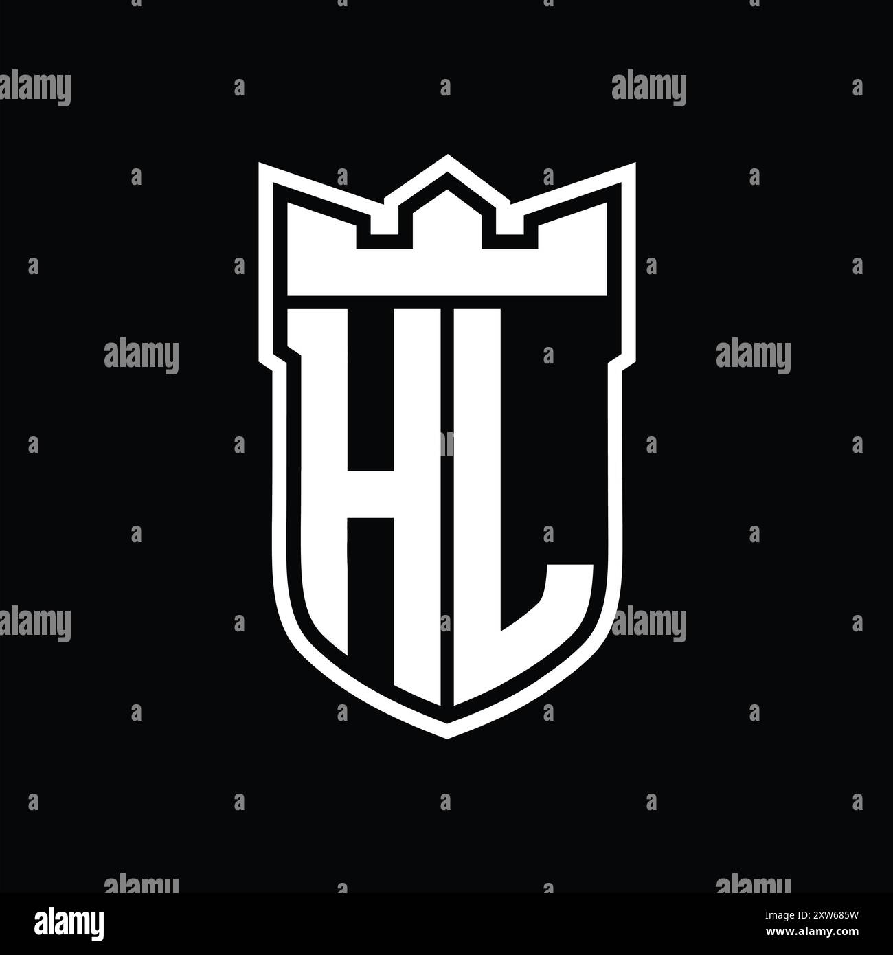 Logo de lettre HL avec forme de bouclier avec couronne géométrique à l'intérieur d'un contour blanc sur fond noir modèle design Banque D'Images