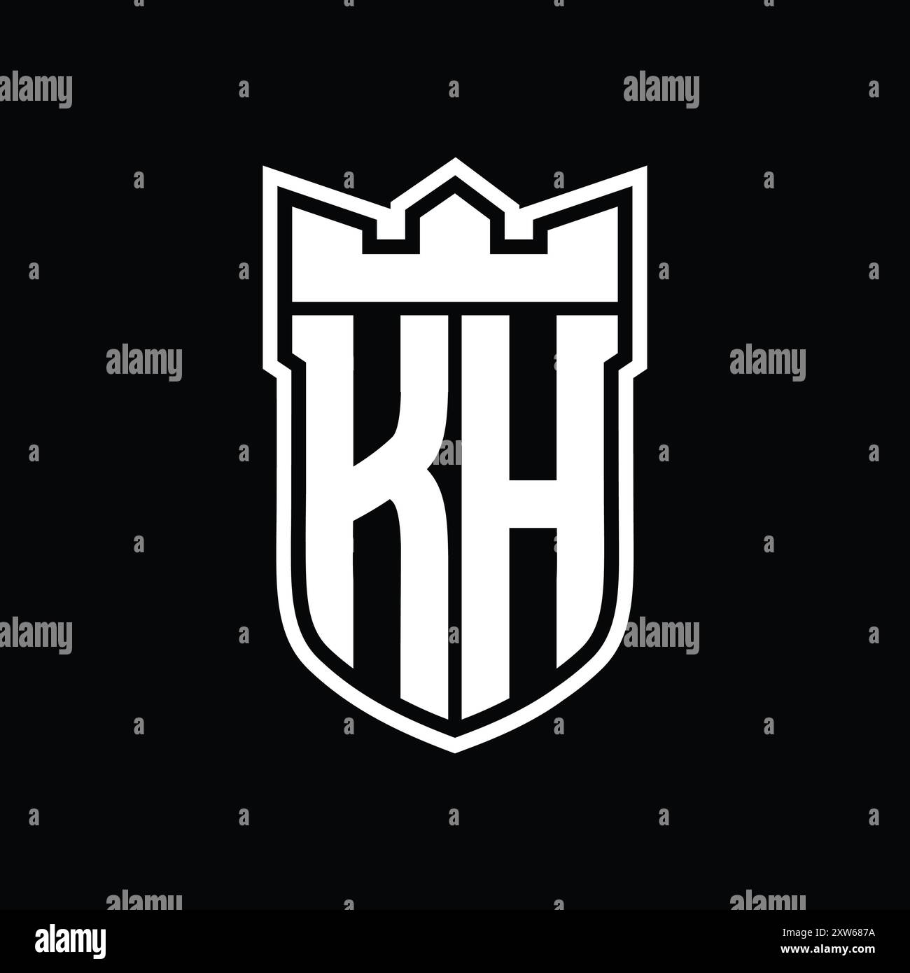 Logo lettre KH avec forme de bouclier avec couronne géométrique à l'intérieur du contour blanc sur fond noir modèle design Banque D'Images