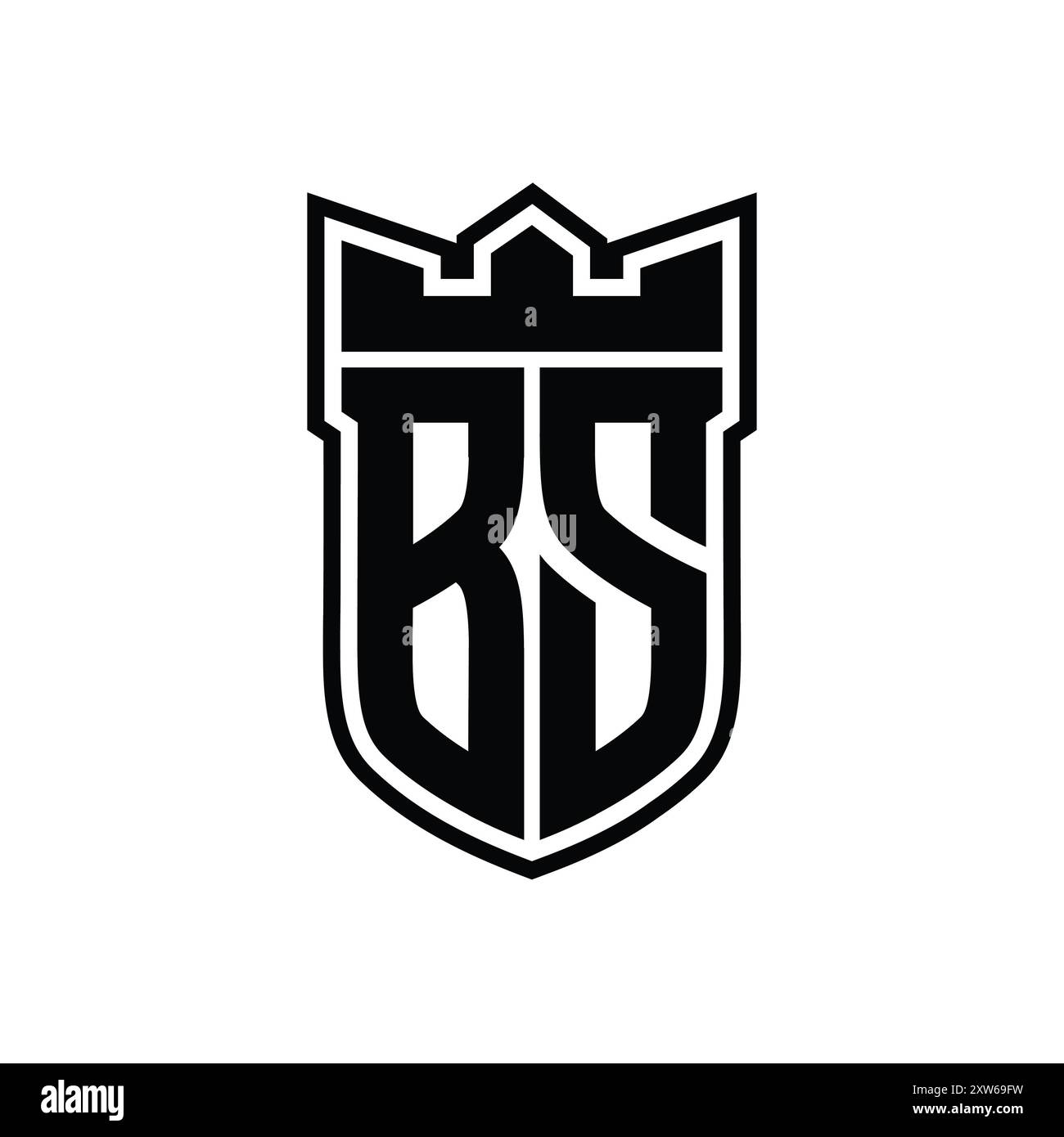 Logo de lettre BS avec forme de bouclier avec couronne géométrique à l'intérieur du contour noir sur fond blanc modèle de conception Banque D'Images