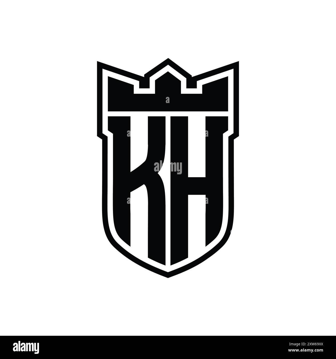 Logo lettre KH avec forme de bouclier avec couronne géométrique à l'intérieur du contour noir sur fond blanc modèle design Banque D'Images