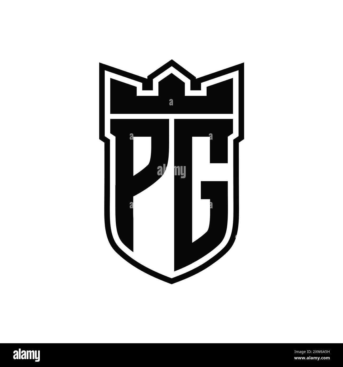 Logo de lettre PG avec forme de bouclier avec couronne géométrique à l'intérieur d'un contour noir sur fond blanc modèle design Banque D'Images