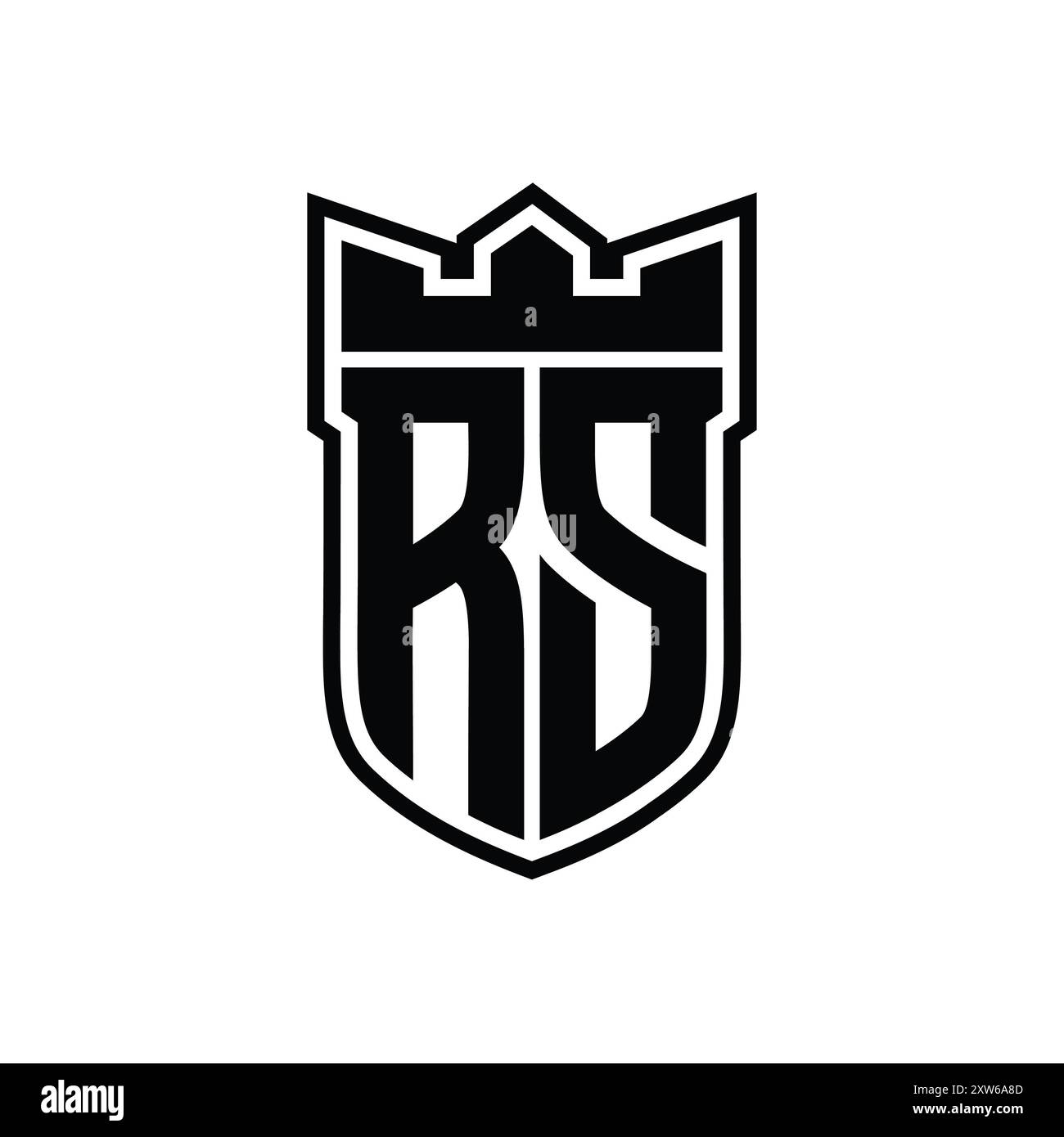 Logo RS avec forme de bouclier avec couronne géométrique à l'intérieur d'un contour noir sur fond blanc Banque D'Images