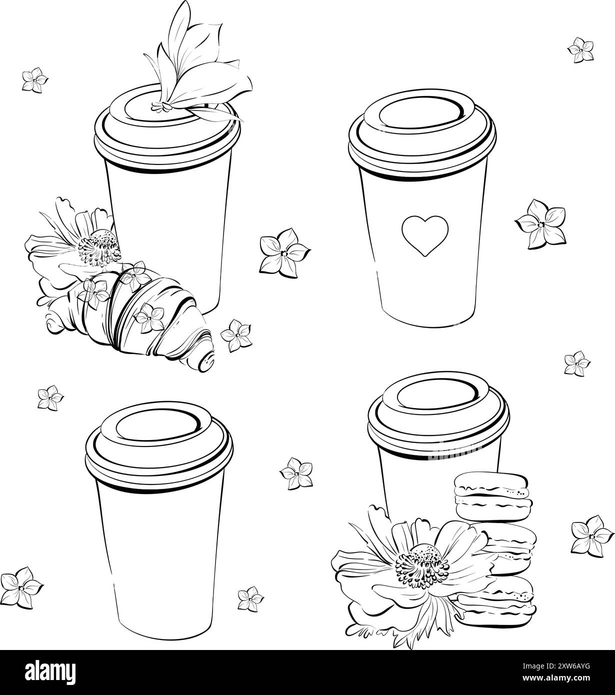 Vector Paper tasse de café. Dessert pâtissier français - croissants et macarons. Conception de cartes postales, menus, forfaits. Silhouette noire pour circuit Illustration de Vecteur