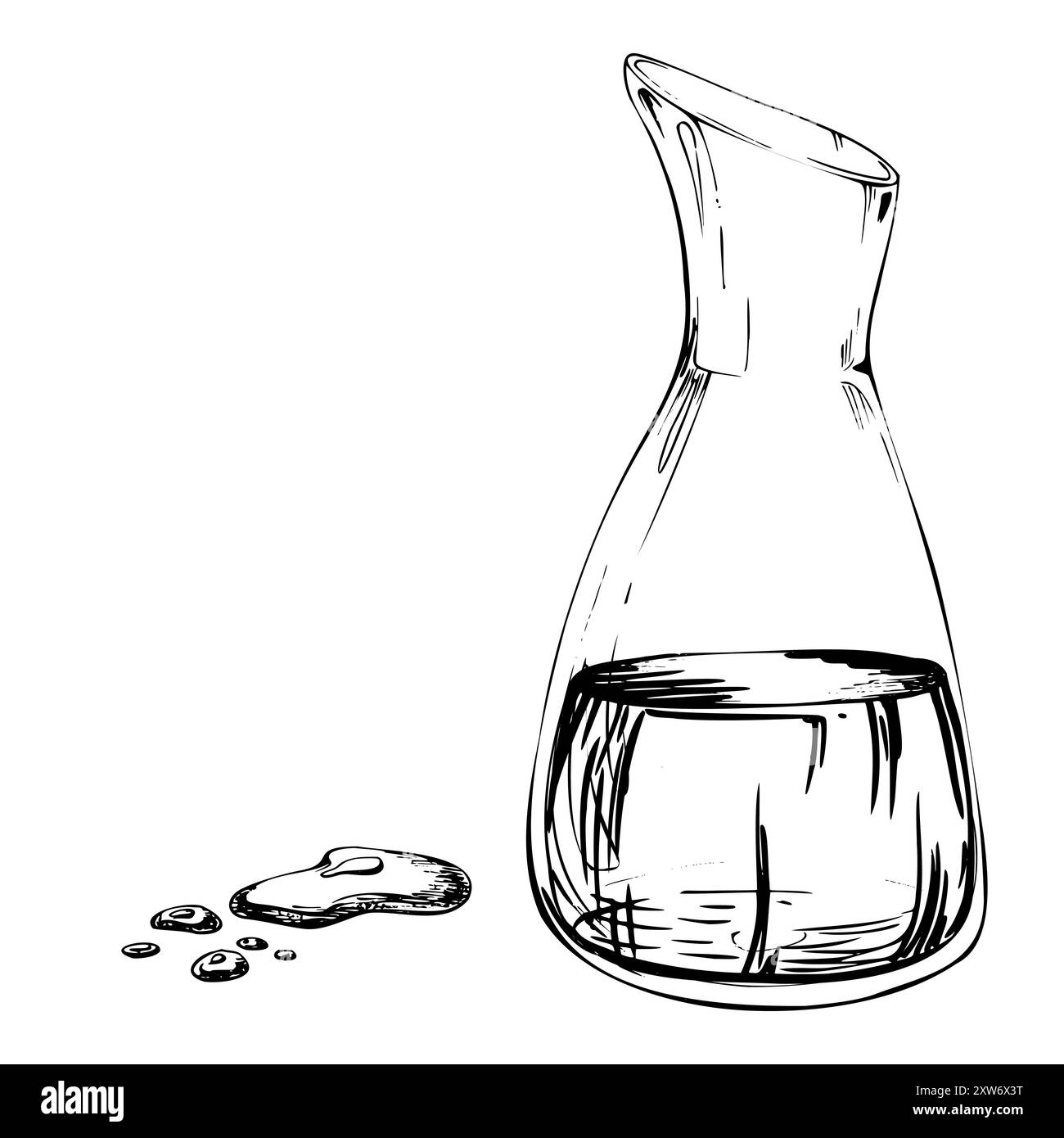 Encre de stylo vectoriel dessinée à la main, bouteille de pot de vase en verre transparent avec café de sauce teriyaki de soja. Illustration isolée d'un seul élément pour mariage Illustration de Vecteur