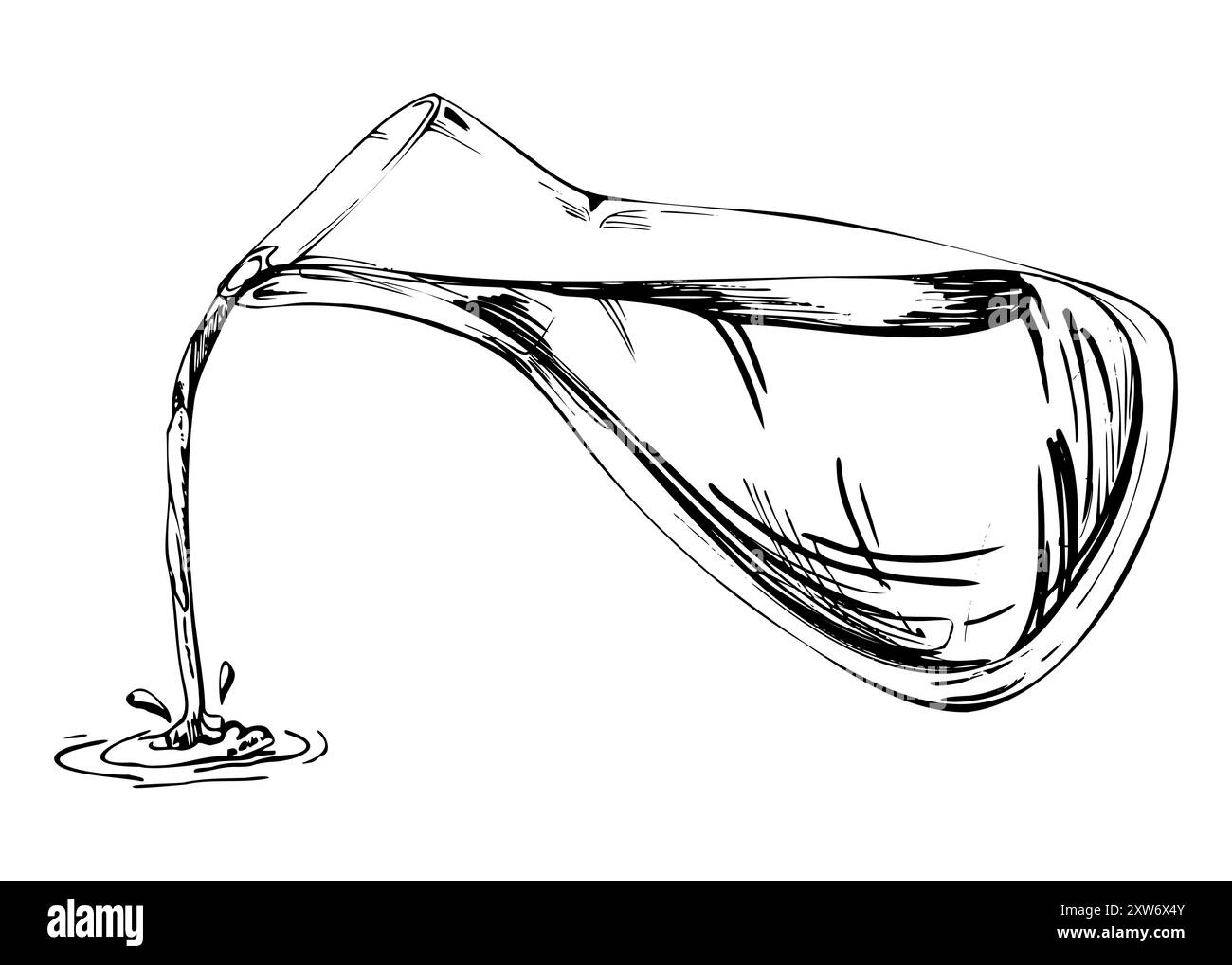 Encre de stylo vectoriel dessinée à la main, bouteille de pot de vase en verre transparent versant le café de sauce teriyaki de soja avec éclaboussure. Illustration isolée pour mariage Illustration de Vecteur