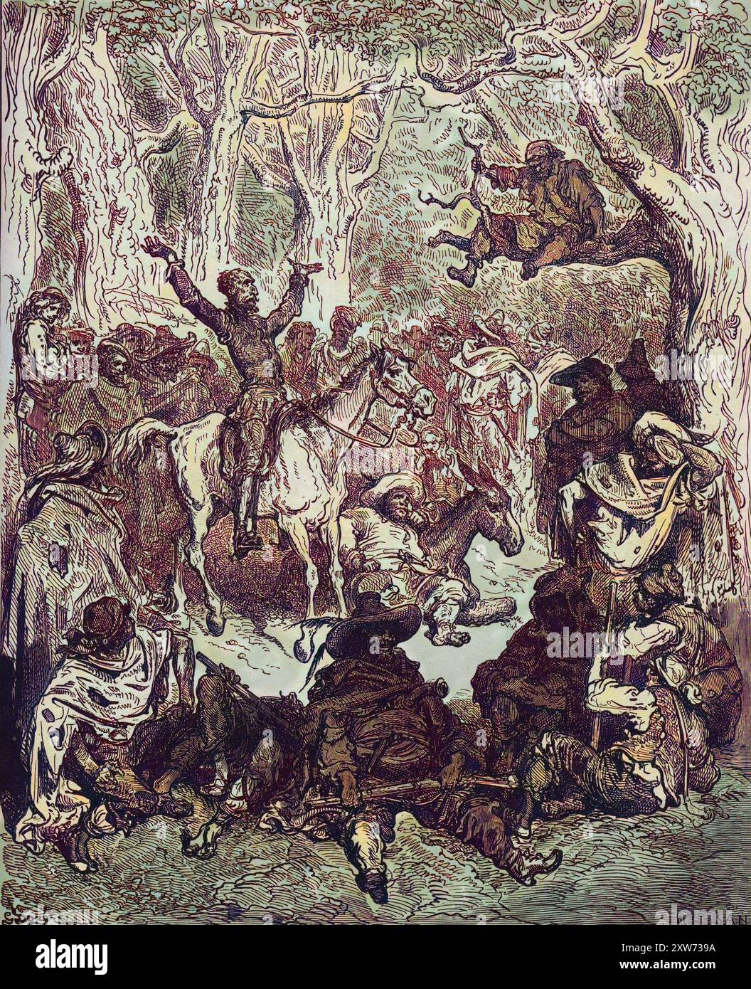 Don Quichotte, monté sur Rozinante, déclamant très copieusement contre leur mode de vie » - extrait de 'Don Quichotte de la Mancha' de Miguel Cervantes (1547-1616) (Don Quichotte) - gravure sur bois d'après le dessin de Gustave Dore Banque D'Images