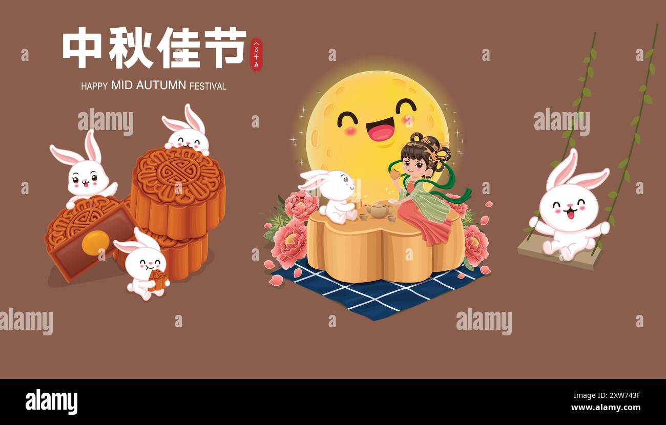 Vintage Mid Autumn Festival affiche design Déesse chinoise de la Lune, caractère de lapin. Traduction : Fête de la mi-automne, 15 août. Illustration de Vecteur