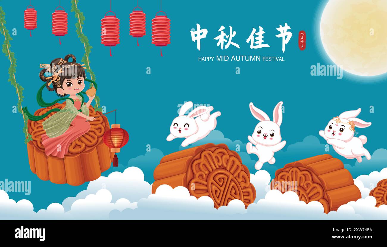 Vintage Mid Autumn Festival affiche design Déesse chinoise de la Lune, caractère de lapin. Traduction : Fête de la mi-automne, 15 août. Illustration de Vecteur