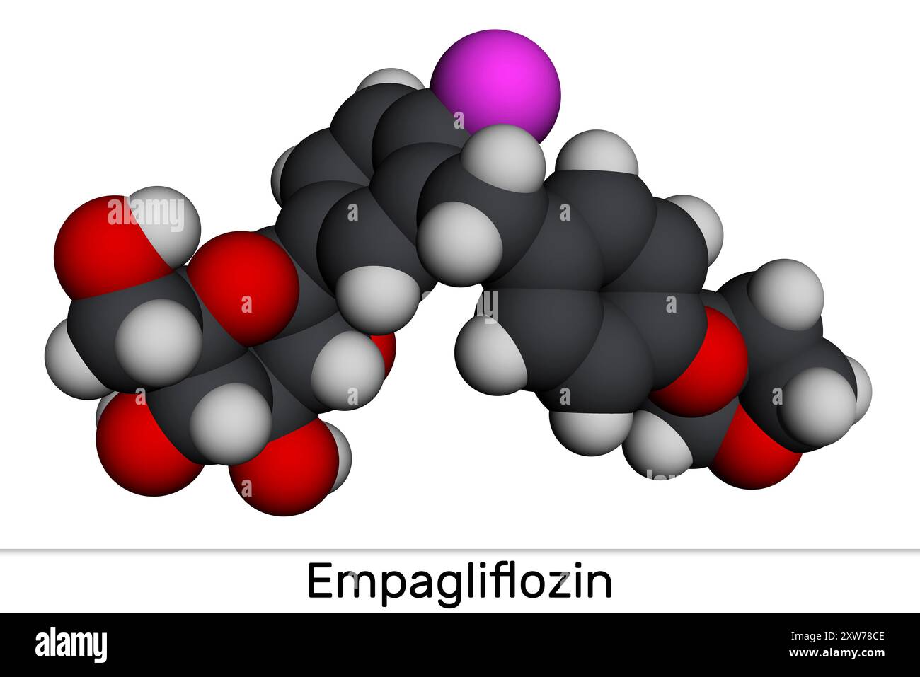 Molécule d'empagliflozine. C'est un médicament antidiabétique, inhibiteur SGLT2. Modèle moléculaire. Rendu 3D. Illustration Banque D'Images