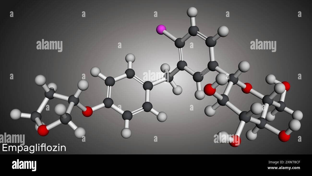Molécule d'empagliflozine. C'est un médicament antidiabétique, inhibiteur SGLT2. Modèle moléculaire. Rendu 3D. Illustration Banque D'Images