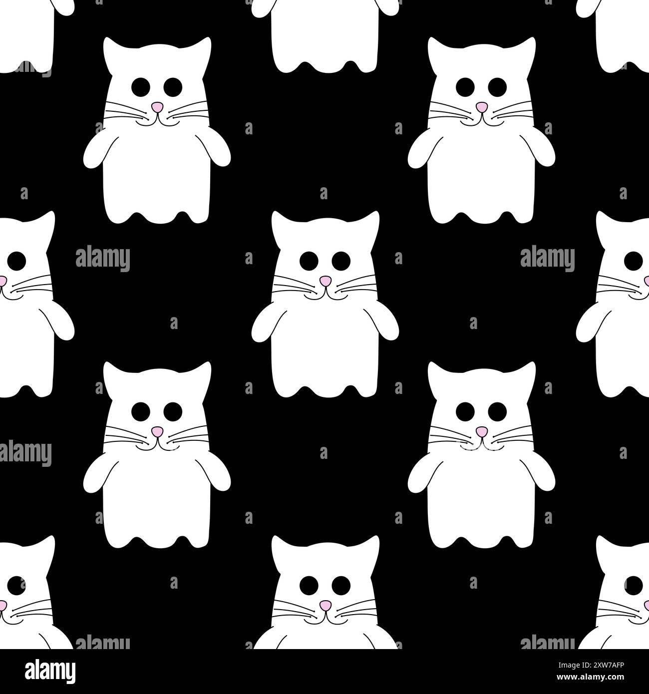 Modèle sans couture avec fantôme mignon d'Halloween dans costume Cat. Personnage de dessin animé de vacances sur fond noir. Illustration vectorielle plate. Illustration de Vecteur